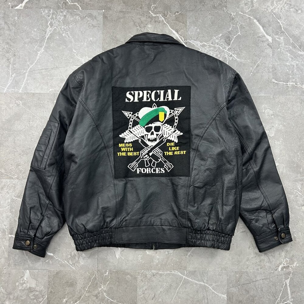 Special Forces Jacket Mens XL Leather Coat Military Patch Skull Green Beret
